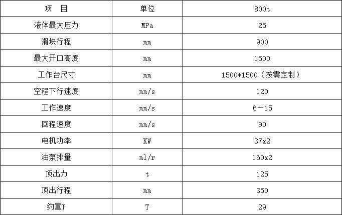 800噸四柱液壓機參數(shù)